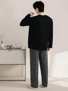 QIANNIANMA 男士长袖和格子裤睡衣套装，舒适亲肤风格睡衣，适合男士舒适家居服 - 彩色 - 查看 5