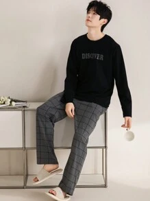 QIANNIANMA 男士长袖和格子裤睡衣套装，舒适亲肤风格睡衣，适合男士舒适家居服 - 彩色 - 查看 2