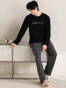 QIANNIANMA 男士长袖和格子裤睡衣套装，舒适亲肤风格睡衣，适合男士舒适家居服 - 彩色 - 查看 1