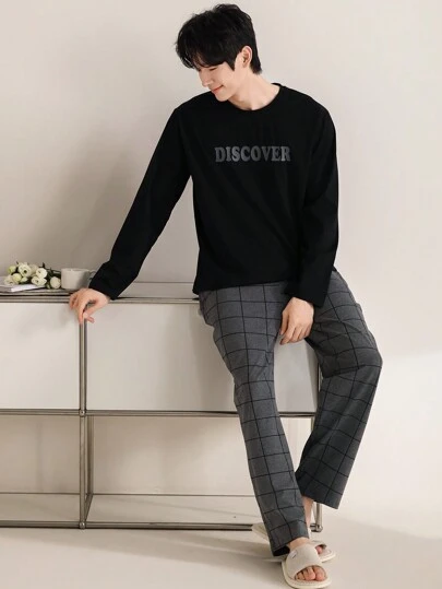 QIANNIANMA 男士长袖和格子裤睡衣套装，舒适亲肤风格睡衣，适合男士舒适家居服