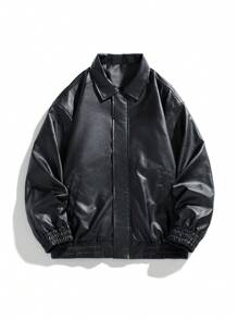 Men Long Sleeve Casual Loose Business Leather Jacket, For Fall, Grunge - Black - View 2