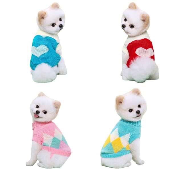 Multicolor Knitted Dog Sweaters For Autumn/Winter,Warm And Casual Pet Clothes With Heart And Diamond Patterns