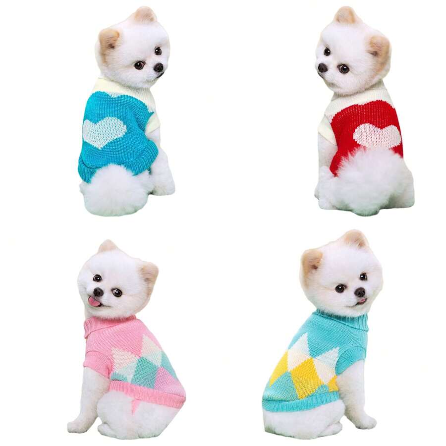 Suéteres de malha multicoloridos para cães, outono/inverno, roupas quentes e casuais para animais de estimação com estampas de coração e diamante