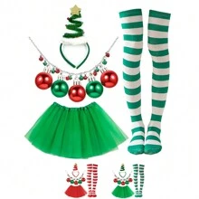 Kerstfeestaccessoiresset van 4 stuks - Kerstboomhoofdtooi, groene tutu van tule, gestreepte kousen, belketting - Feestelijke kostuumbenodigdheden voor dames