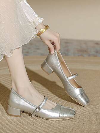 Women Patchwork Strap Square Toe Block Heel Casual Fashionable High Heels Shoes, Autumn