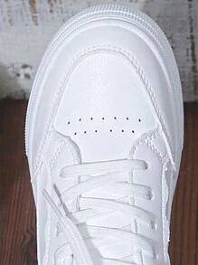 Women's Lace-Up Casual Sneakers For Spring/Autumn, Fashionable, Versatile, Comfortable White Shoes, Solid Color College Style Flat Outdoor Skate & Running Shoes - White - View 6