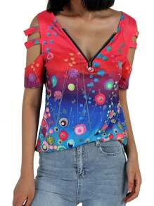 Women Summer V Neck Cold Shoulder Tops Casual Loose Hollow Out Short Sleeve T Shirt Blouses - Red - View 5