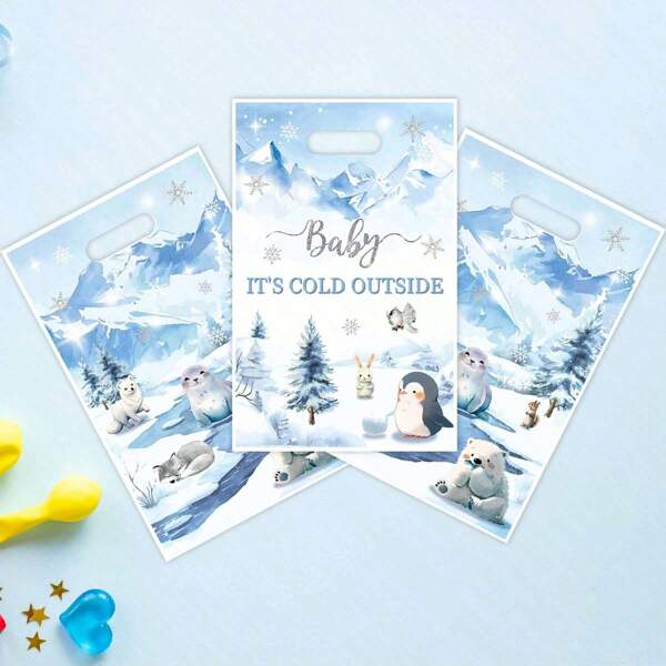 10/30/100pcs Winter Theme Gift Bags - "IT'S COLD OUTSIDE" Design With Winter, Snowmountain, New Year, Shower Party, Illustration, Cartoon, Cute Penguin, Lyrics, Animals, Arctic Fox, Thick Waterproof, Handle Bags, Jewelry Storage Bags, Birthday, Holiday, Favor, Party Decoration Bags