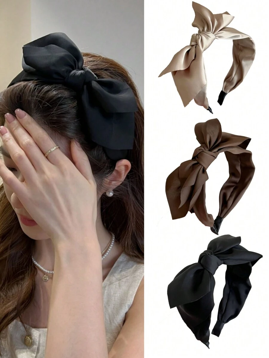 3件套女士时尚纯色缎面蝴蝶结发箍，适合日常佩戴、居家、洗脸、上学、海滩、工作、派对、节日、生日、返校、新年、母亲节等场合，可作礼物、发带、发箍、发饰、头饰等。 - 彩色 - 查看 1