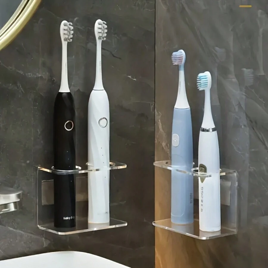 1 pièce/2 pièces Support mural transparent pour brosse à dents électrique - Design gain de place avec dos adhésif - Étagère de rangement de salle de bain moderne (sans perçage nécessaire) - Transparent - Voir 1