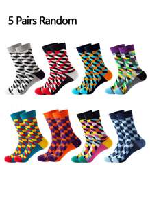 5 Pairs/Set Men's Plus Size Mid-Calf Socks, Geometric Pattern Business Casual Socks, Soft & Comfortable, Suitable For Business, Party, Sports, Holidays, Daily Life. Color Sent At Random, Fall
