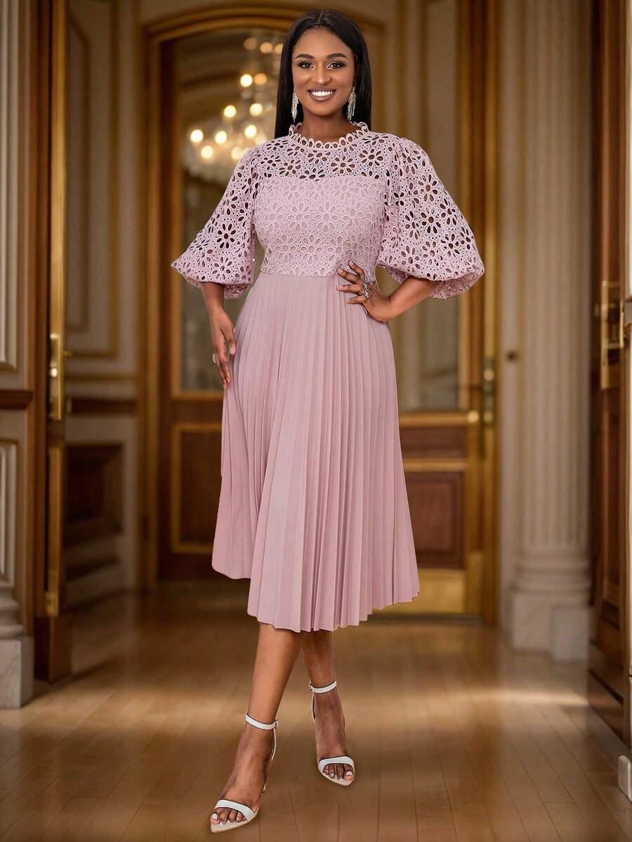 Women Crew Neck Solid Color Lace Patchwork Lantern Sleeve Elegant Dress - Pink - View 1