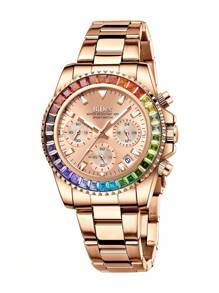 BIDEN Reloj de mujer elegante y de moda BIDEN, reloj de cuarzo para negocios y ocio, cronógrafo de 12/24 horas, calendario luminoso impermeable, caja multicolor, correa de acero inoxidable, reloj de mujer + caja