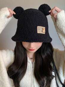 1 szt. Damska jednokolorowa czapka typu bucket, jesienno-zimowa ciepła wiatroszczelna czapka ochronna na uszy, duży rozmiar czapki, uroczy pluszowy miś, polarowa czapka dekoracyjna na uszy, odpowiednia na zewnątrz, zakupy, narciarstwo