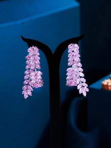 1 Pair Beautiful Pink Cubic Zirconia Pave Sparkling Heart Shaped Leaf Dangle Drop Long Big Hoop Earrings For Women, Daily, Party, Wedding, Engagement Jewelry