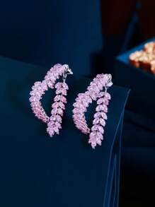 1 Pair Beautiful Pink Cubic Zirconia Pave Sparkling Heart Shaped Leaf Dangle Drop Long Big Hoop Earrings For Women, Daily, Party, Wedding, Engagement Jewelry