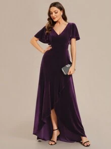 EVERPRETTY 深 V 领荷叶边开衩天鹅绒性感正式晚礼服、派对礼服、婚礼宾客礼服 - 紫色 - 查看 3
