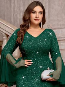 Vestido largo de fiesta de noche con cuello en V, encaje floral, inserto de lentejuelas, contraste de malla, manga larga y bajo de sirena, para fiestas, bodas, bailes de graduación y eventos, otoño