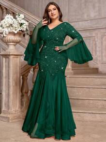 Vestido largo de fiesta de noche con cuello en V, encaje floral, inserto de lentejuelas, contraste de malla, manga larga y bajo de sirena, para fiestas, bodas, bailes de graduación y eventos, otoño