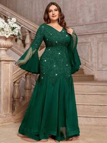 Vestido largo de fiesta de noche con cuello en V, encaje floral, inserto de lentejuelas, contraste de malla, manga larga y bajo de sirena, para fiestas, bodas, bailes de graduación y eventos, otoño