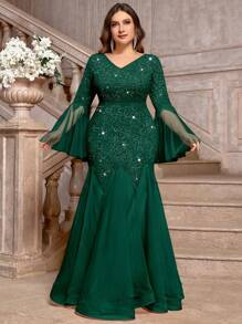 Vestido largo de fiesta de noche con cuello en V, encaje floral, inserto de lentejuelas, contraste de malla, manga larga y bajo de sirena, para fiestas, bodas, bailes de graduación y eventos, otoño