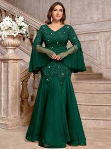Vestido largo de fiesta de noche con cuello en V, encaje floral, inserto de lentejuelas, contraste de malla, manga larga y bajo de sirena, para fiestas, bodas, bailes de graduación y eventos, otoño