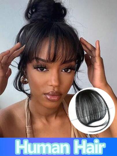 Clip In Bangs Human Hair Extensions Clip On Fringe Bangs With Nice Net Natural Flat Neat Bangs With Temples For Women One Piece Hairpiece Air Bangs Black