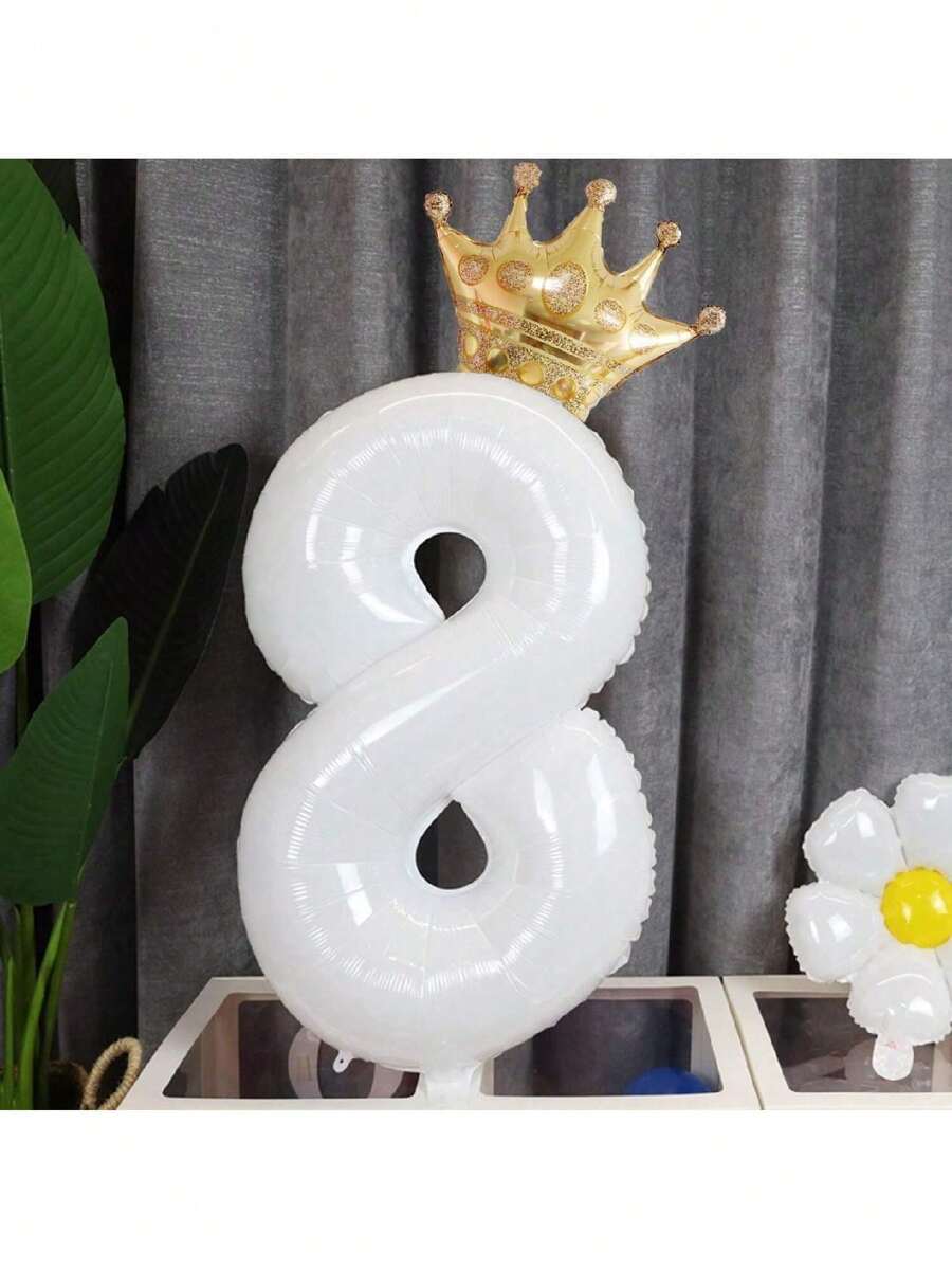 1 quả bóng bay có số + 1 quả bóng hình vương miện dùng để trang trí tiệc cưới sinh nhật - trắng - Xem 1