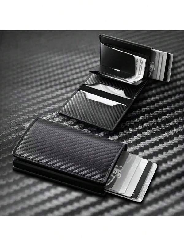 Mini porta-cartão de crédito pop-up antirroubo carteira masculina RFID com vários slots para cartão carteira superfina capa para cartão de fibra de carbono caixa de cartão de liga de alumínio mini porta-bilhetes estojo de armazenamento de cartão portátil conveniente adequado para adolescentes verão casual ao ar livre atlético ou férias viagem ou presentes de formatura ou acessórios de vestido de aniversário