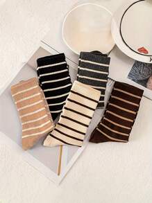 5双复古条纹梅拉德女士中筒袜，秋季 - 彩色 - 查看 2