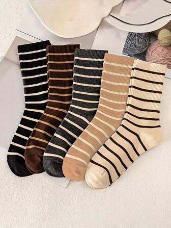 5pairs Retro Stripe Maillard Crew Socks For Women, Fall