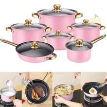 Set de Cocina de Acero Inoxidable de 12 Piezas, Set de Cocina de Acero Inoxidable, Set de Cocina Multiusos, Set de Cocina Completamente Envuelto con Tapa de Vidrio con Mango Térmico, Apto para Lavavajillas, Diseñado Ergonómicamente - Rosa - Ver 4