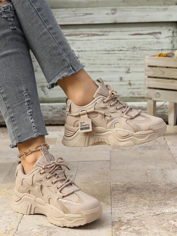 Zapatillas casuales de mujer, zapatillas de monopatín de moda, zapatillas de estudiantes, zapatillas cómodas de mujer, zapatos de plataforma beige, resistentes al uso, cómodos, transpirables, ligeros, silenciosos, diseño de costuras, material PU, aptos para la vida diaria, trabajo, ropa de fiesta, estilo moderno y sencillo - Caqui - Añade 5