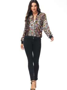 Womens Sequin Long Sleeve Front Zip Jacket With Ribbed Cuffs Bomber For Party - Multicolor - View 5