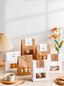 4 个加厚透明窗口牛皮纸包装袋适用于烘焙面包、糕点、饼干、派对、野餐、外卖、食品包装（随机数字卡） - 彩色 - 查看 6