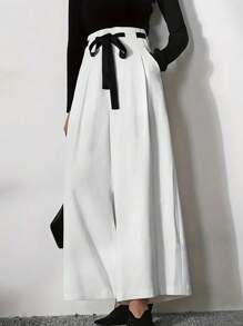 Pantalones anchos elegantes y versátiles de mujer, de unicolor, plisados, con encaje contrastante y cordones, de estilo casual y elegante