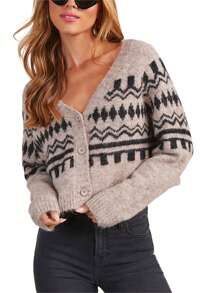 Women's Cardigan Sweater Geometric Print V Neck Long Sleeve Button Down Knit Tops Loose Outerwear For Winter Fall