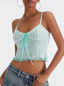 Women Y2k Crop Cami Tops Spaghetti Straps Tie-Up Front Lace Patchwork Camisole Slim Fit Tank Tops Summer Sleeveless Backless Going Out Tops Party Club Streetwear - Màu xanh lam - Xem 3