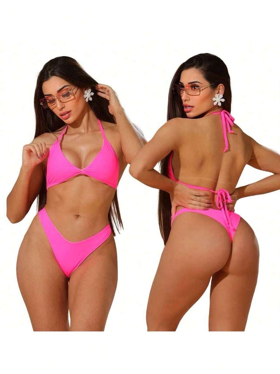 Ribbed Aviator Bikini With Double String Delta Wing Panties - 玫紅色 - 查看 1