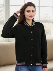 Women's Lightweight Baseball Jacket - Versatile Stitching Fabric Outerwear With Multi-Fabric Options And Unique Patterns - Black 7 - View 3