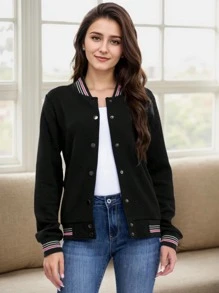Women's Lightweight Baseball Jacket - Versatile Stitching Fabric Outerwear With Multi-Fabric Options And Unique Patterns - Black 7 - View 2