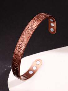 1 pieza Conjunto de brazalete magnético y anillo con diseño de flor vintage, para proteger la salud y prevenir lesiones, brazalete magnético ajustable de cobre antiguo enchapado para hombres y mujeres