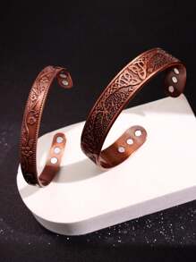 1 pieza Conjunto de brazalete magnético y anillo con diseño de flor vintage, para proteger la salud y prevenir lesiones, brazalete magnético ajustable de cobre antiguo enchapado para hombres y mujeres