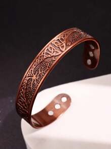 1 pieza Conjunto de brazalete magnético y anillo con diseño de flor vintage, para proteger la salud y prevenir lesiones, brazalete magnético ajustable de cobre antiguo enchapado para hombres y mujeres