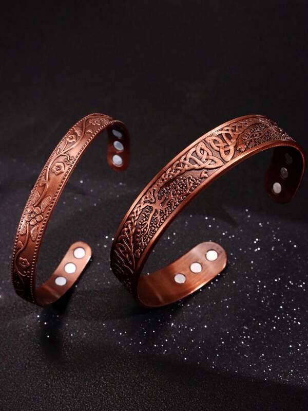1 pieza Conjunto de brazalete magnético y anillo con diseño de flor vintage, para proteger la salud y prevenir lesiones, brazalete magnético ajustable de cobre antiguo enchapado para hombres y mujeres