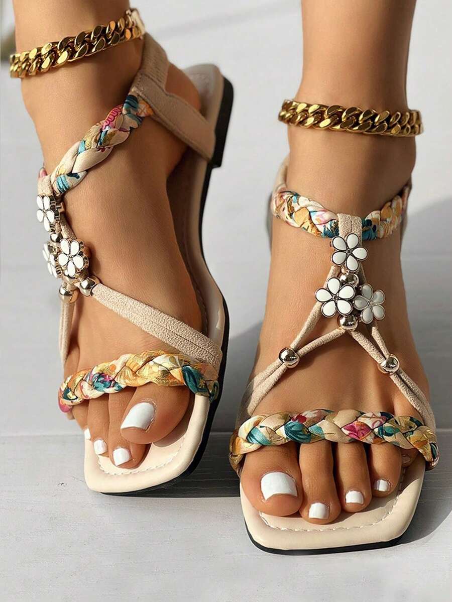 Boho Beaded Flat Sandals, Suitable For Outerwear - Beige - View 1