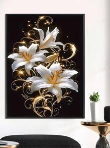 1 pieza de arte en lienzo sin marco, lirios blancos y dorados elegantes sobre fondo negro, adecuado para dormitorio, sala de estar, comedor, cafetería, oficina, estudio, pasillo, decoración de pared de dormitorio, arte estacional para otoño y primavera, decoración de pared, decoración del hogar, pintura en lienzo para decoración de habitación, regalo de cumpleaños y graduación - Multicolor - Ver 5