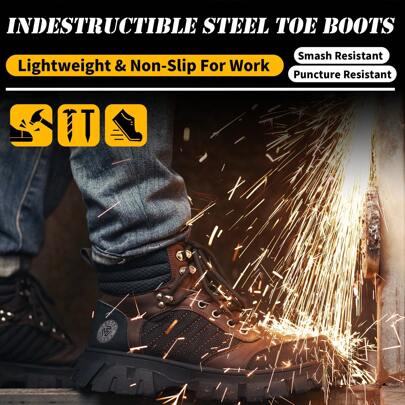 Steel Toe Boots For Men-6 Inch Leather Winter Safety Boots Indestructible Warm Construction Boots Work Boots,Dark Brown,Size 6-14