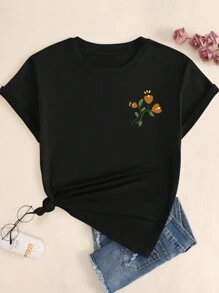 Cotton T-Shirt Floral Style Natural Women's Printed Blouse Comfort Soft Breathable Summer T-Shirt - 黑色 - 查看 2