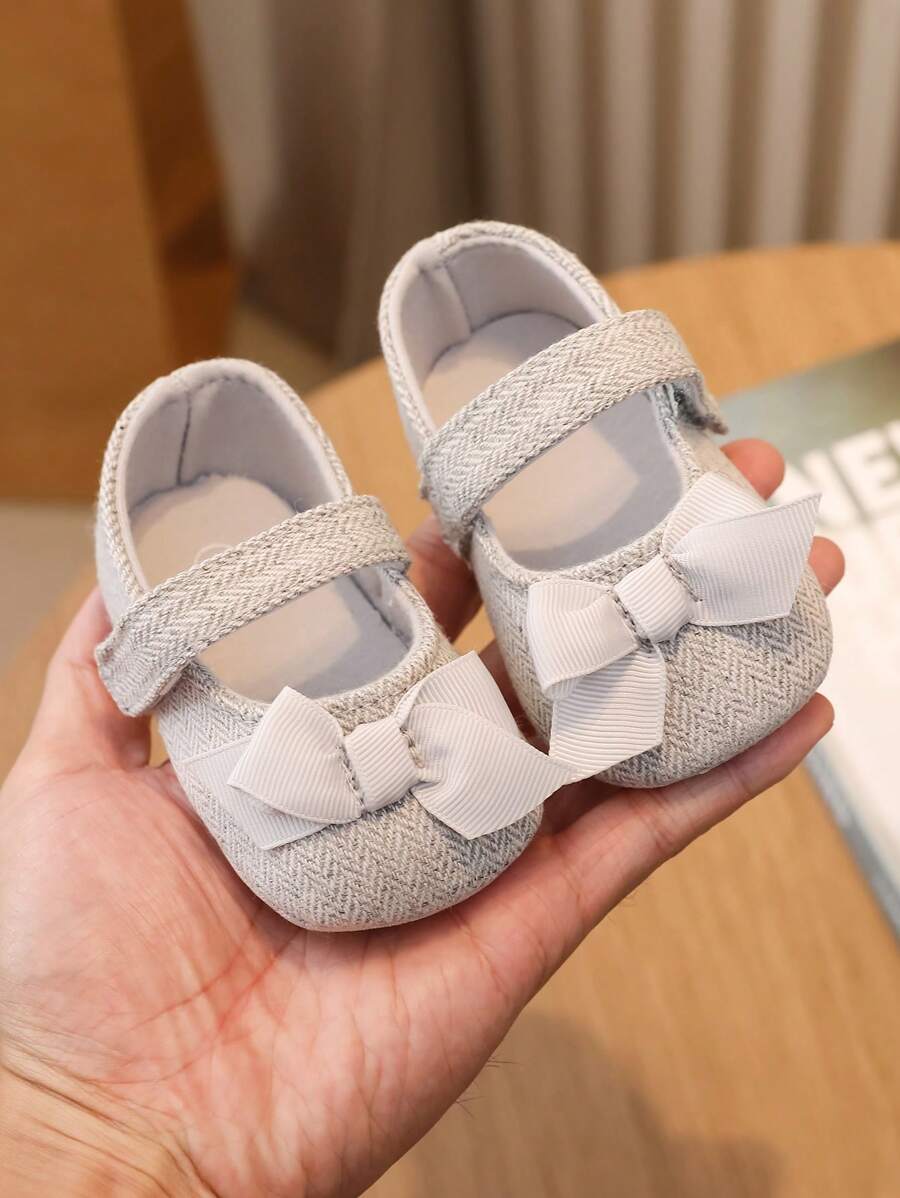 1 Pair Girls Bow Decor Fabric Casual Flat Shoes, Suitable For Spring & Autumn - Light Grey - View 1